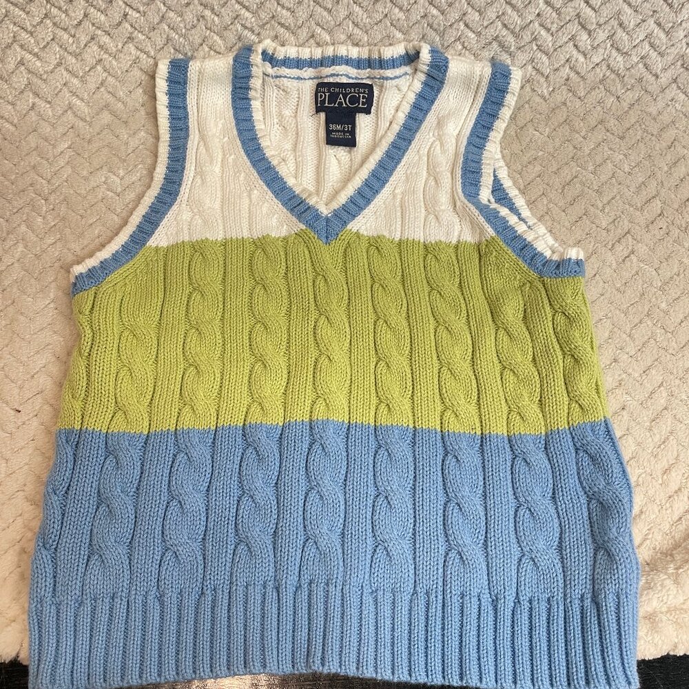 The Childrens Place Boys Blue Green Cable Knit Preppy Sweater Vest Size 3T